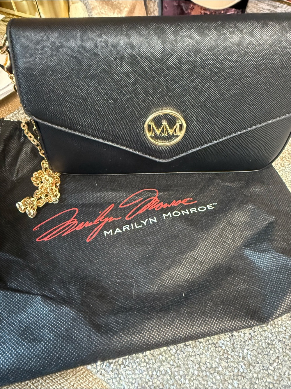 Marilyn Monroe Black Crossbody with Gold Chain and Logo